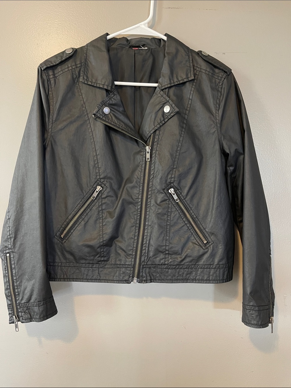 H&M Black Divided Faux Leather Moto Jacket with Silver Zippers